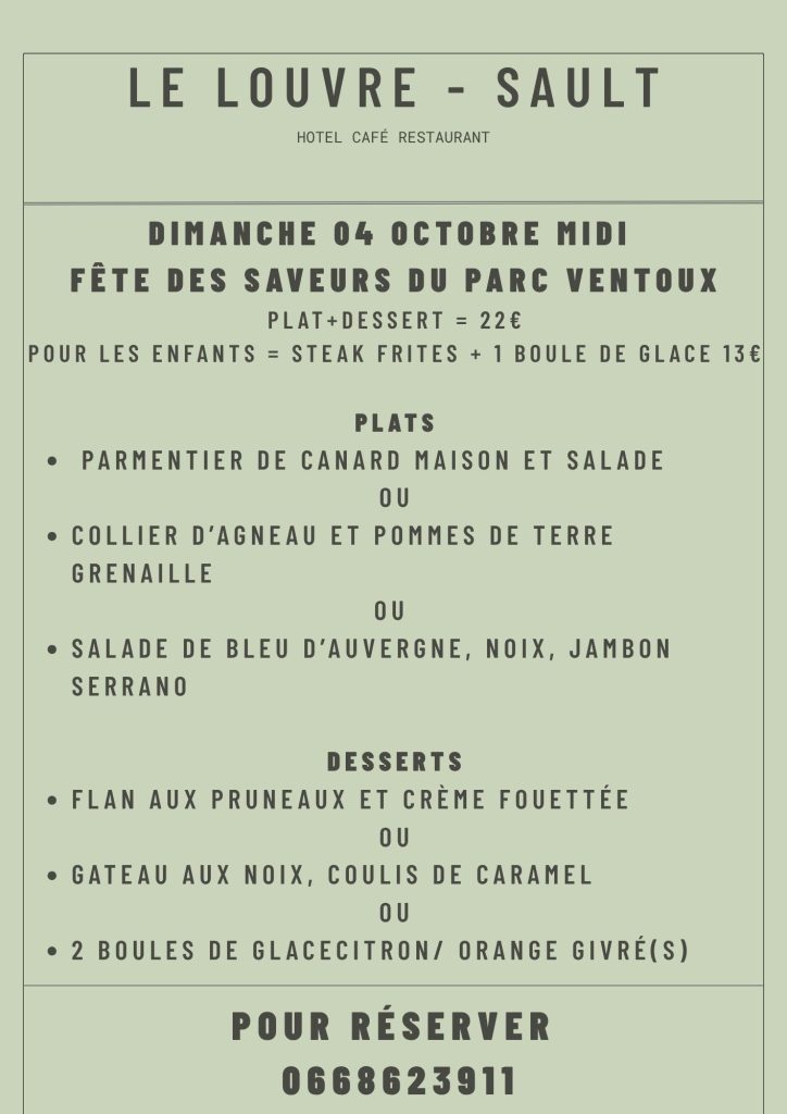 Menu special Dimanche 4 octobre
